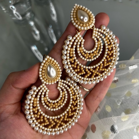 White Pearls Hoop Earrings ( Chand Bali ) - Picture 3 of 7